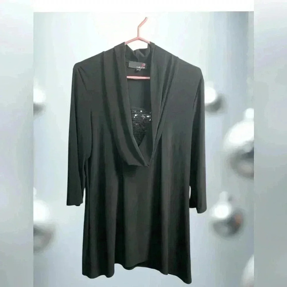 Laura Black Cowl Neck 3/4 Sleeve Relaxed Blouse w Sparkle Insert, Lightweight - Picture 1 of 7